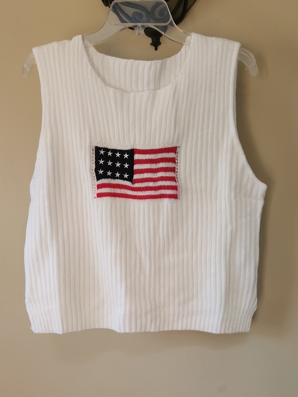 Knit White Ribbed Tank Top with Flag, Stiched. Brand New
